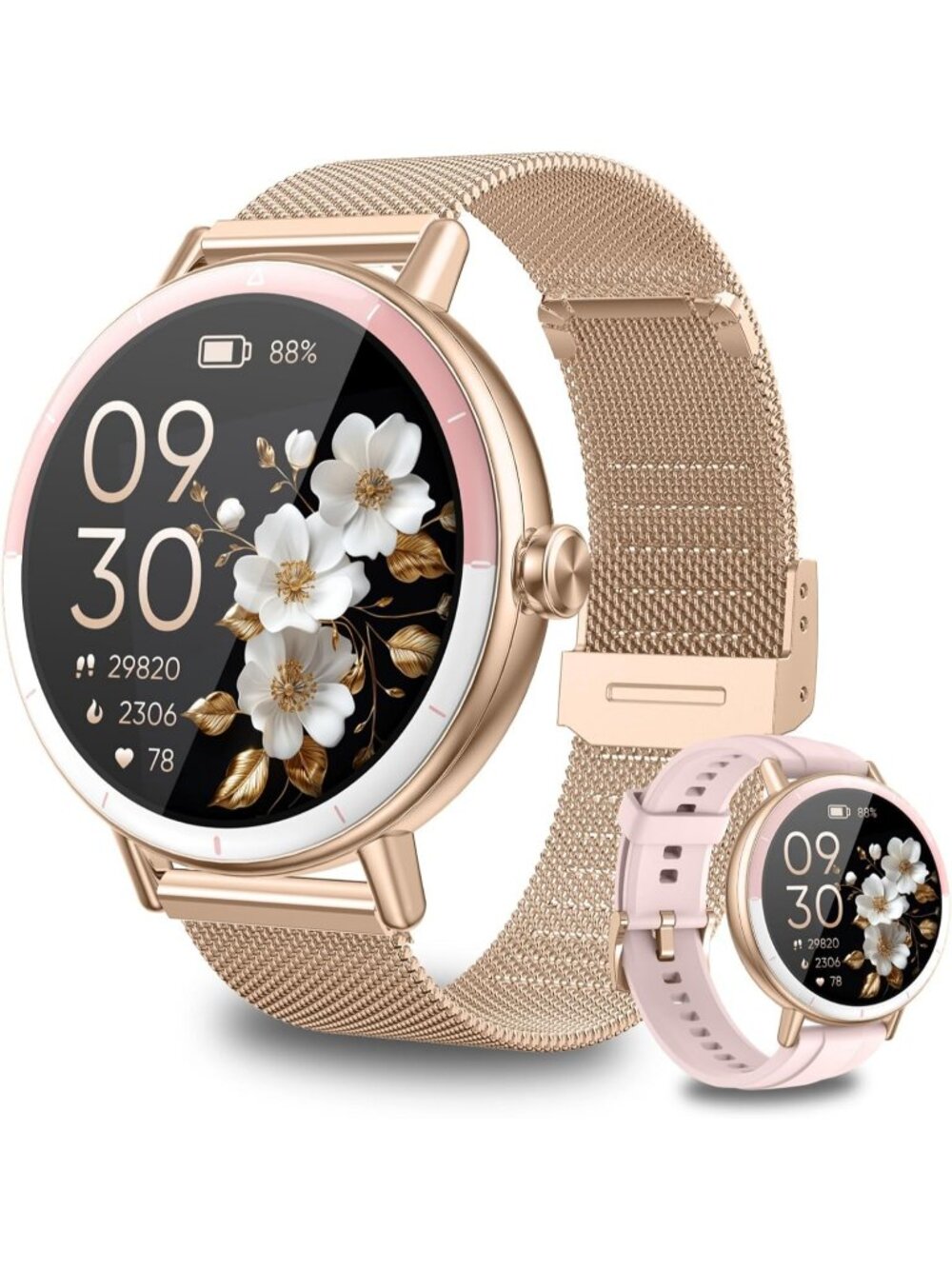 Womens Gold Pink Analog Quartz Waterproof Fitness Tracker Heart Rate Smart Watch